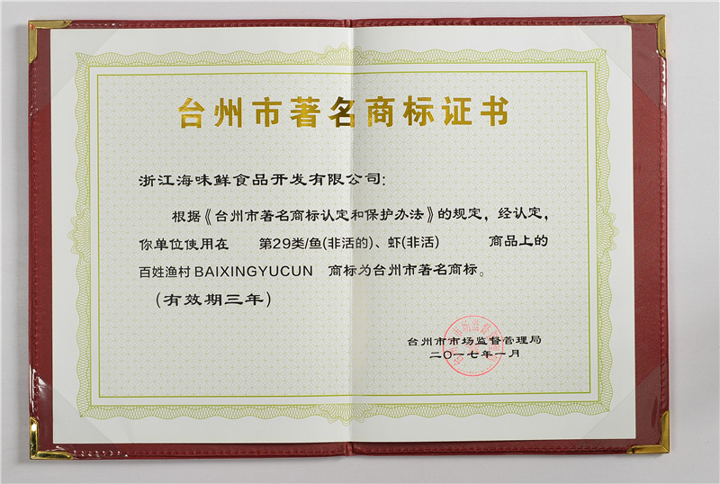 台州市著名商标证书