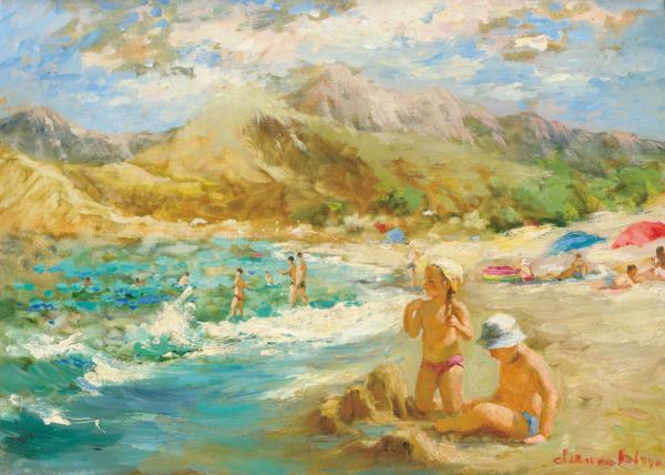斯维特莱娜  海滩童趣  40×50cm  布面油画  2001
