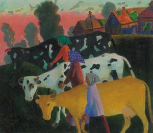库拉科夫   《 晚霞中的奶牛》  70×80cm    2006年 